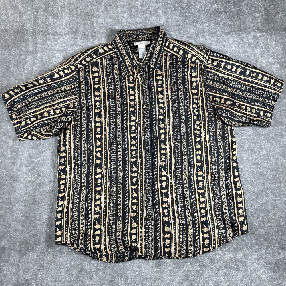 Anna and Frank Blouse Women's XL Black Floral Geometric Stripe Silk Button Front
